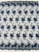 Floral Fabric - Navy Blue - Sold By Yard Embroidered Roses With Sequins on a Mesh Lace Fabric
