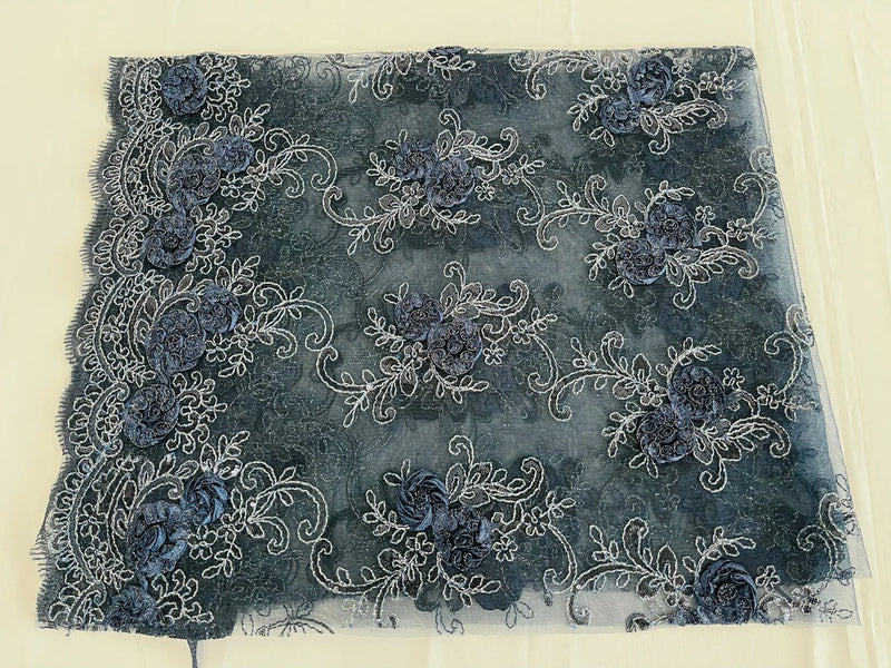 Floral Fabric - Navy Blue - Sold By Yard Embroidered Roses With Sequins on a Mesh Lace Fabric