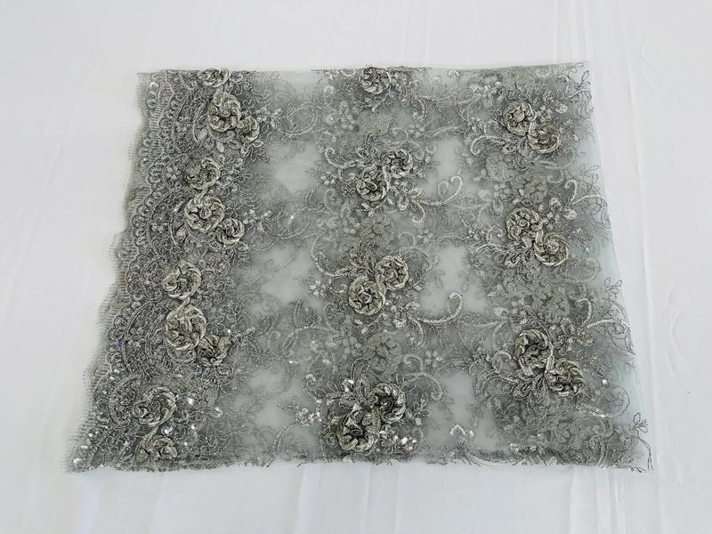 Floral Fabric - Grey/Silver - Sold By Yard Embroidered Roses With Sequins on a Mesh Lace Fabric