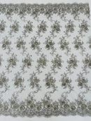 Floral Fabric - Grey/Silver - Sold By Yard Embroidered Roses With Sequins on a Mesh Lace Fabric