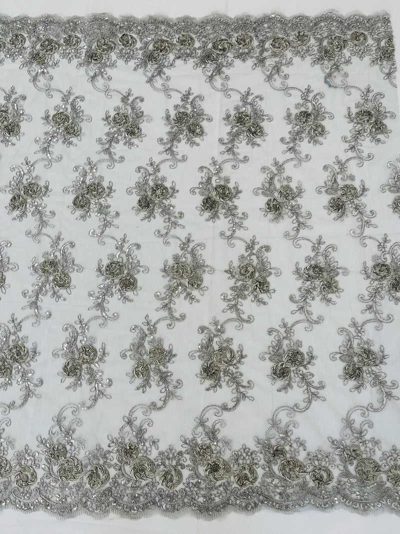 Floral Fabric - Grey/Silver - Sold By Yard Embroidered Roses With Sequins on a Mesh Lace Fabric