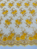 Floral Fabric - Yellow Gold - Sold By Yard Embroidered Roses With Sequins on a Mesh Lace Fabric