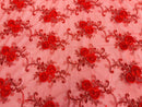 Floral Fabric - Red - Sold By Yard Embroidered Roses With Sequins on a Mesh Lace Fabric