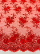 Floral Fabric - Red - Sold By Yard Embroidered Roses With Sequins on a Mesh Lace Fabric