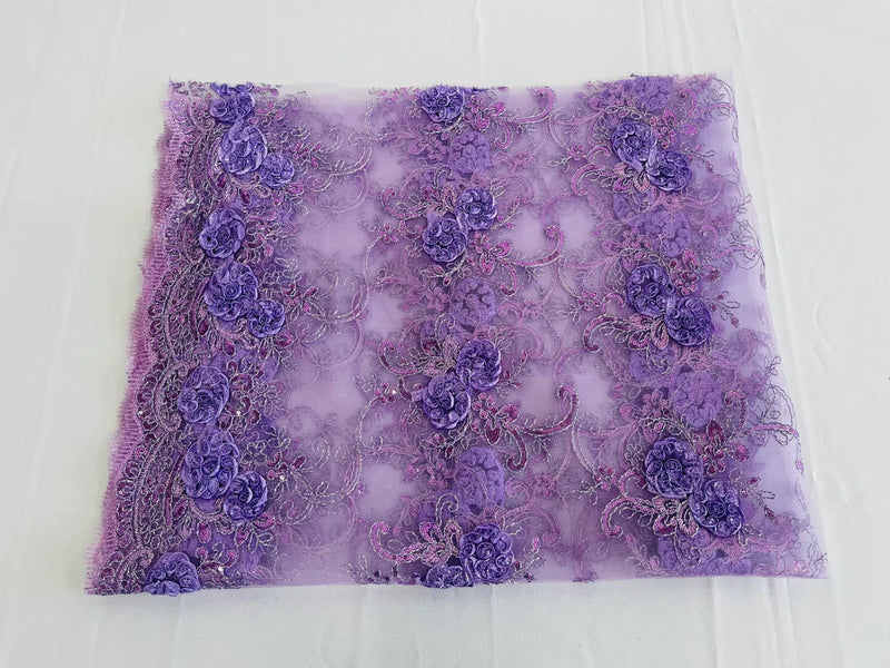 Floral Fabric - Purple - Sold By Yard Embroidered Roses With Sequins on a Mesh Lace Fabric