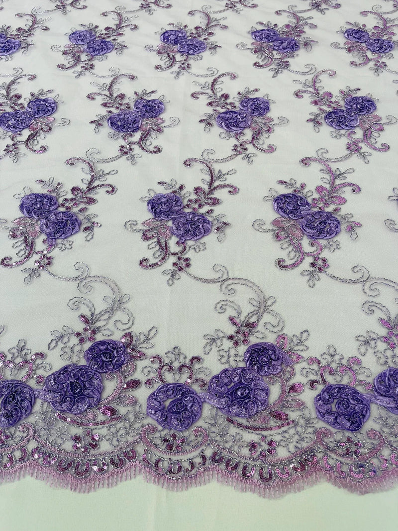 Floral Fabric - Purple - Sold By Yard Embroidered Roses With Sequins on a Mesh Lace Fabric