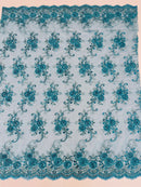 Floral Fabric - Teal - Sold By Yard Embroidered Roses With Sequins on a Mesh Lace Fabric