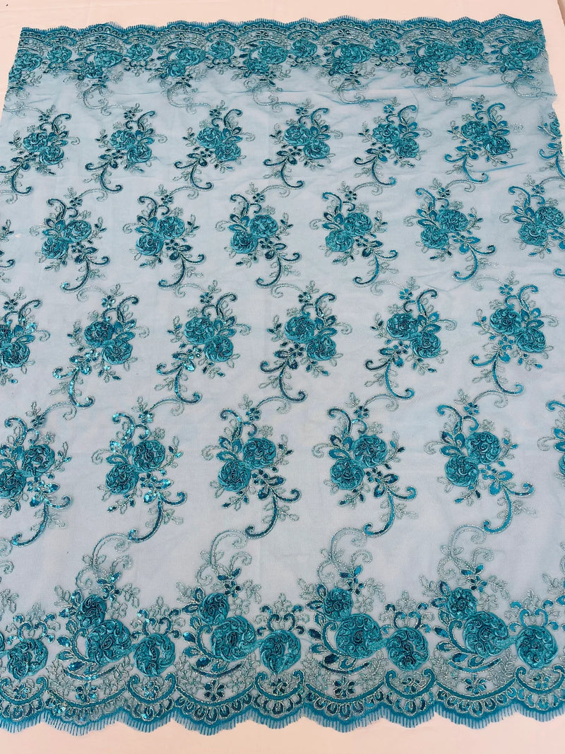 Floral Fabric - Teal - Sold By Yard Embroidered Roses With Sequins on a Mesh Lace Fabric