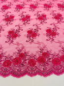 Floral Fabric - Fuchsia - Sold By Yard Embroidered Roses With Sequins on a Mesh Lace Fabric