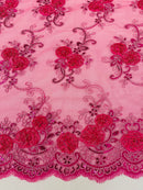 Floral Fabric - Fuchsia - Sold By Yard Embroidered Roses With Sequins on a Mesh Lace Fabric