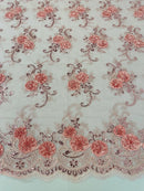 Floral Fabric - Rose - Sold By Yard Embroidered Roses With Sequins on a Mesh Lace Fabric