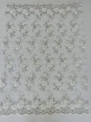 Floral Fabric - White - Sold By Yard Embroidered Roses With Sequins on a Mesh Lace Fabric