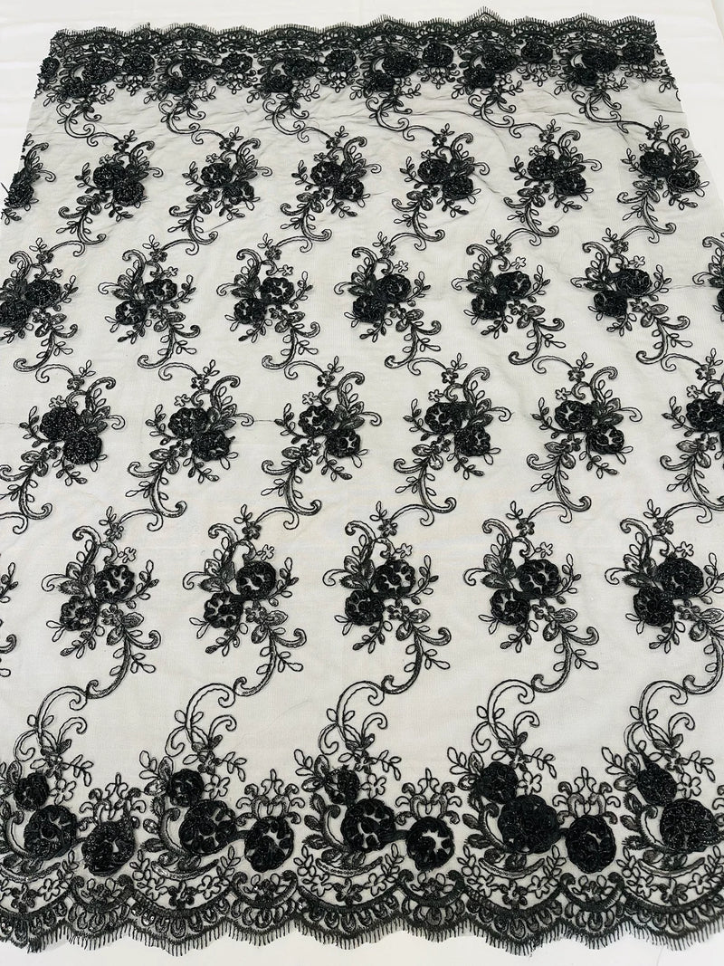 Floral Fabric - Black - Sold By Yard Embroidered Roses With Sequins on a Mesh Lace Fabric