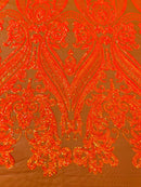 Orange Iridescent Sequins Fabric Sold By The Yard - Orange Spandex Mesh - 4 Way Stretch Sequin Fabric