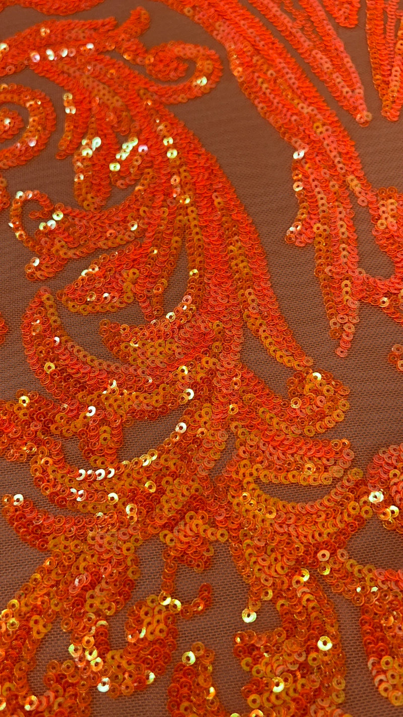 Orange Iridescent Sequins Fabric Sold By The Yard - Orange Spandex Mesh - 4 Way Stretch Sequin Fabric
