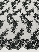 Floral Cluster Fabric - Black - Embroidered Floral Lace w/ Sequins on a Mesh Lace By Yard