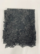 Floral Cluster Fabric - Black - Embroidered Floral Lace w/ Sequins on a Mesh Lace By Yard