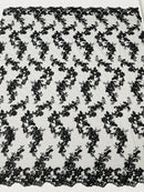 Floral Cluster Fabric - Black - Embroidered Floral Lace w/ Sequins on a Mesh Lace By Yard