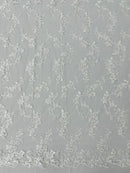 Floral Cluster Fabric - White - Embroidered Floral Lace w/ Sequins on a Mesh Lace By Yard