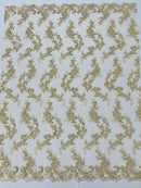 Floral Cluster Fabric - Champagne - Embroidered Floral Lace w/ Sequins on a Mesh Lace By Yard