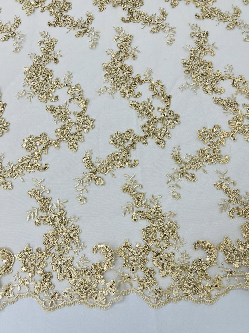 Floral Cluster Fabric - Champagne - Embroidered Floral Lace w/ Sequins on a Mesh Lace By Yard