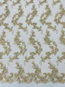 Floral Cluster Fabric - Champagne - Embroidered Floral Lace w/ Sequins on a Mesh Lace By Yard