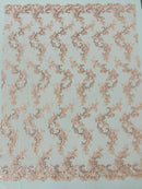 Floral Cluster Fabric - Blush - Embroidered Floral Lace w/ Sequins on a Mesh Lace By Yard