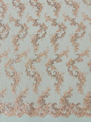 Floral Cluster Fabric - Blush - Embroidered Floral Lace w/ Sequins on a Mesh Lace By Yard