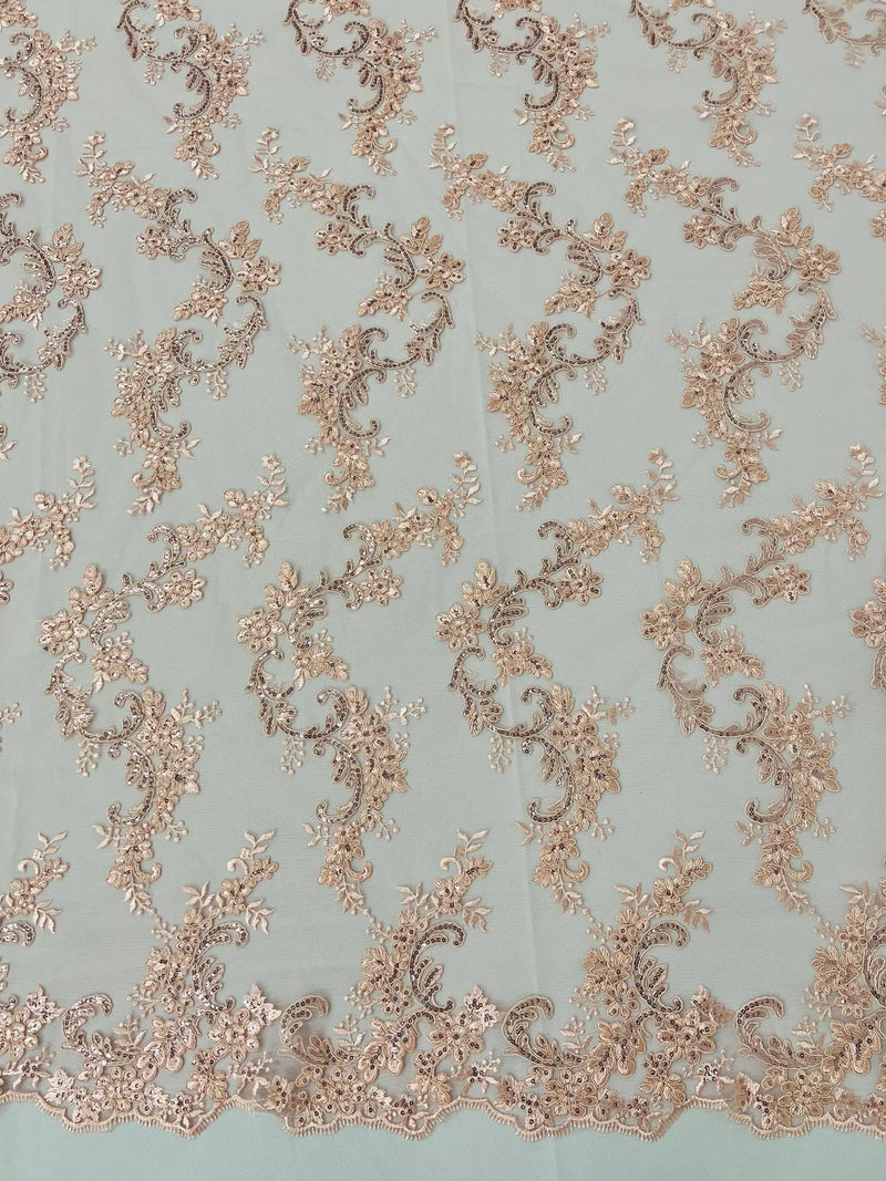 Floral Cluster Fabric - Blush - Embroidered Floral Lace w/ Sequins on a Mesh Lace By Yard