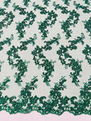 Floral Cluster Fabric - Hunter Green - Embroidered Floral Lace w/ Sequins on a Mesh Lace By Yard