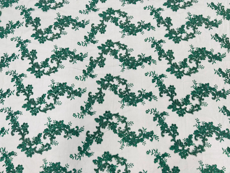 Floral Cluster Fabric - Hunter Green - Embroidered Floral Lace w/ Sequins on a Mesh Lace By Yard