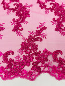 Floral Cluster Fabric - Fuschia - Embroidered Floral Lace w/ Sequins on a Mesh Lace By Yard