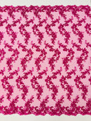 Floral Cluster Fabric - Fuschia - Embroidered Floral Lace w/ Sequins on a Mesh Lace By Yard