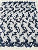 Floral Cluster Fabric - Navy Blue - Embroidered Floral Lace w/ Sequins on a Mesh Lace By Yard