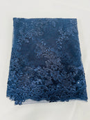 Floral Cluster Fabric - Navy Blue - Embroidered Floral Lace w/ Sequins on a Mesh Lace By Yard