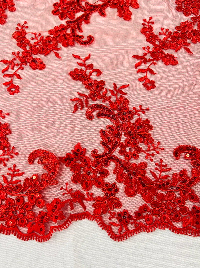 Floral Cluster Fabric - Red - Embroidered Floral Lace w/ Sequins on a Mesh Lace By Yard