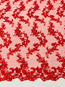 Floral Cluster Fabric - Red - Embroidered Floral Lace w/ Sequins on a Mesh Lace By Yard