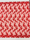 Floral Cluster Fabric - Red - Embroidered Floral Lace w/ Sequins on a Mesh Lace By Yard