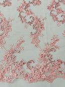 Floral Cluster Fabric - Pink - Embroidered Floral Lace w/ Sequins on a Mesh Lace By Yard