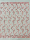 Floral Cluster Fabric - Pink - Embroidered Floral Lace w/ Sequins on a Mesh Lace By Yard