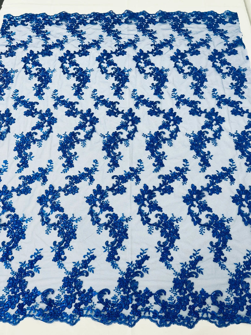 Floral Cluster Fabric - Royal Blue - Embroidered Floral Lace w/ Sequins on a Mesh Lace By Yard