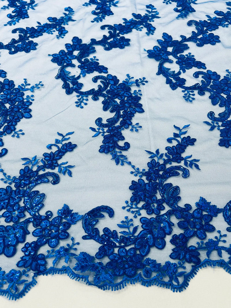 Floral Cluster Fabric - Royal Blue - Embroidered Floral Lace w/ Sequins on a Mesh Lace By Yard