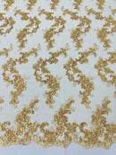 Floral Cluster Fabric - Gold - Embroidered Floral Lace w/ Sequins on a Mesh Lace By Yard