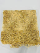 Floral Cluster Fabric - Gold - Embroidered Floral Lace w/ Sequins on a Mesh Lace By Yard