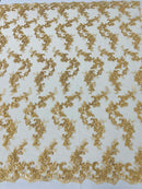Floral Cluster Fabric - Gold - Embroidered Floral Lace w/ Sequins on a Mesh Lace By Yard