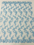 Floral Cluster Fabric - Baby Blue - Embroidered Floral Lace w/ Sequins on a Mesh Lace By Yard
