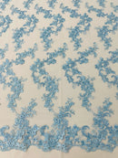 Floral Cluster Fabric - Baby Blue - Embroidered Floral Lace w/ Sequins on a Mesh Lace By Yard