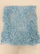 Floral Cluster Fabric - Baby Blue - Embroidered Floral Lace w/ Sequins on a Mesh Lace By Yard