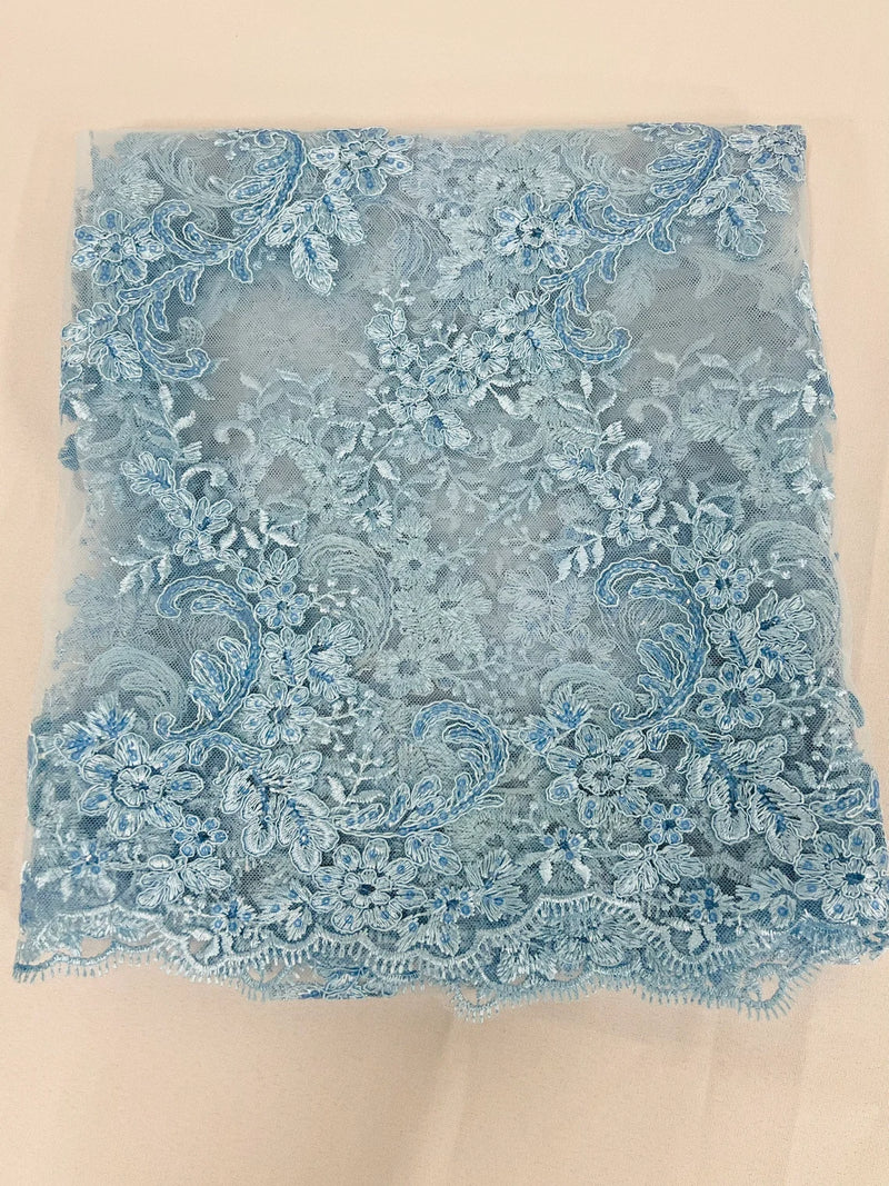 Floral Cluster Fabric - Baby Blue - Embroidered Floral Lace w/ Sequins on a Mesh Lace By Yard