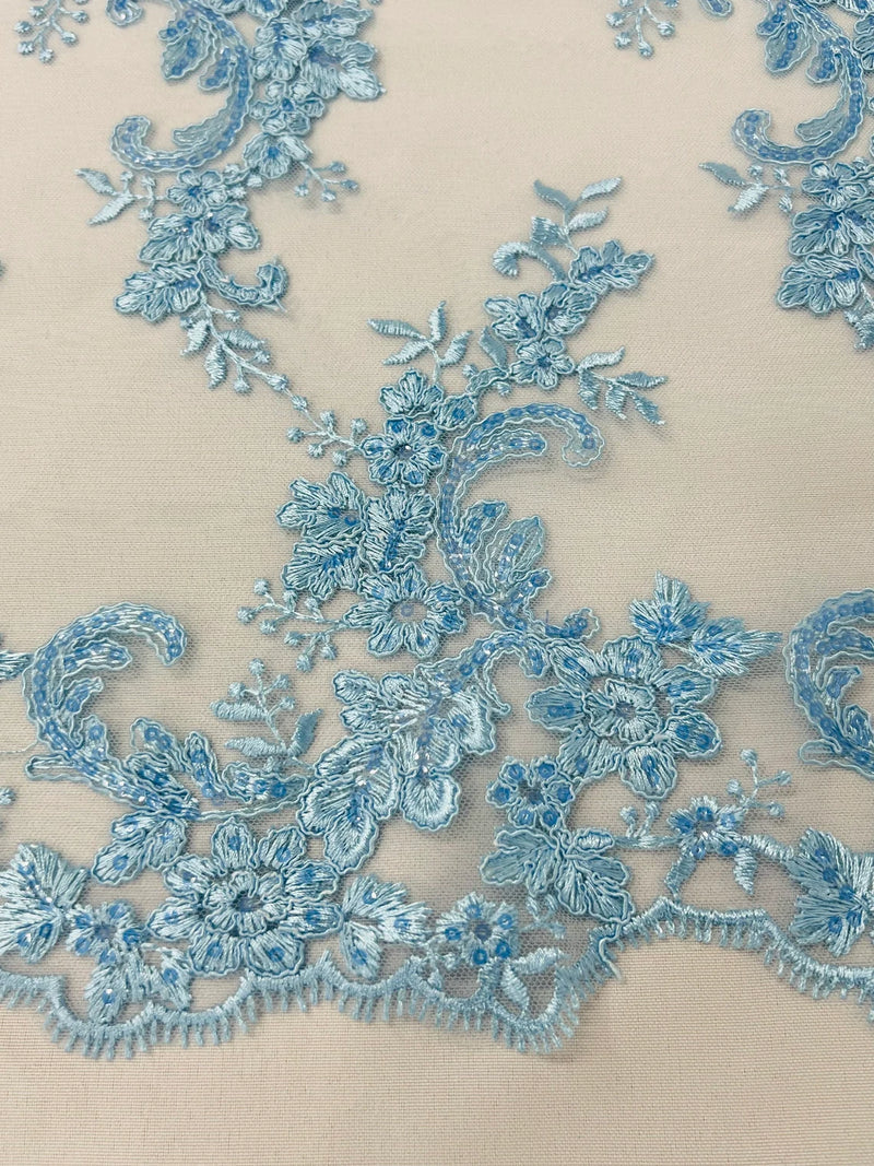 Floral Cluster Fabric - Baby Blue - Embroidered Floral Lace w/ Sequins on a Mesh Lace By Yard